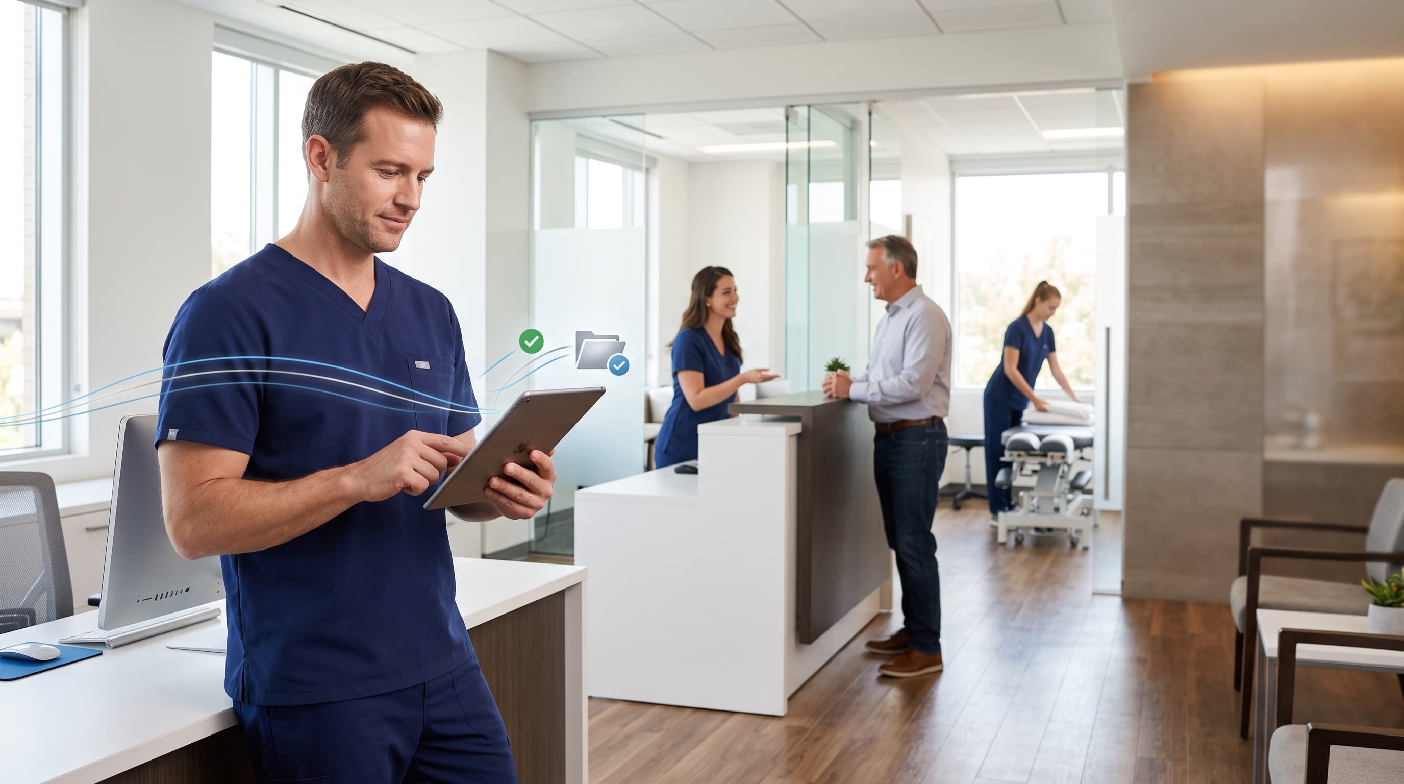 Chiropractic practice using organized digital workflows while staff assist patients.